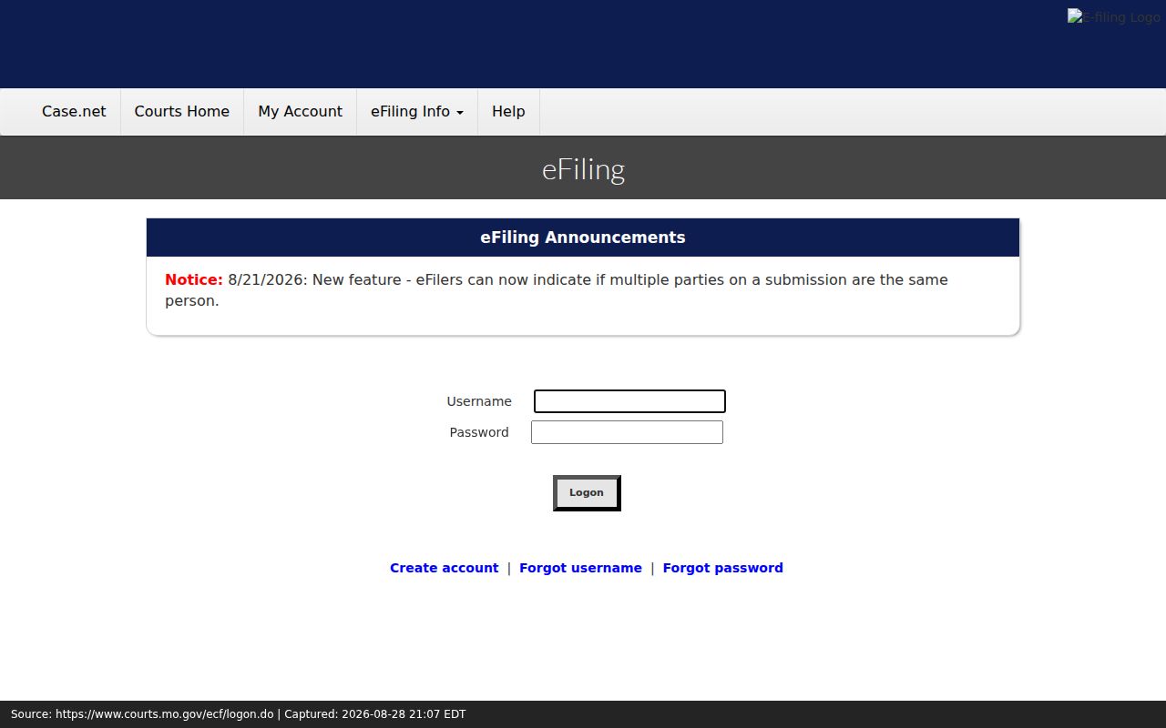 Dent County case search Missouri electronic filing login