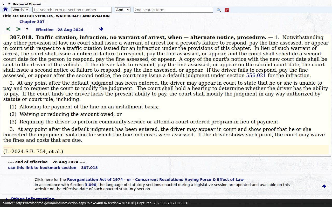 Dent County traffic ticket infraction response statute source